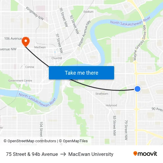 75 Street & 94b Avenue to MacEwan University map