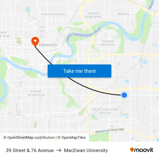 39 Street & 76 Avenue to MacEwan University map