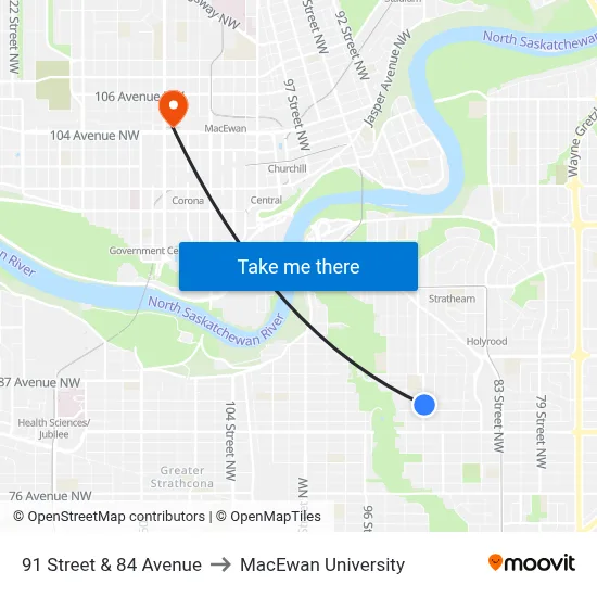 91 Street & 84 Avenue to MacEwan University map