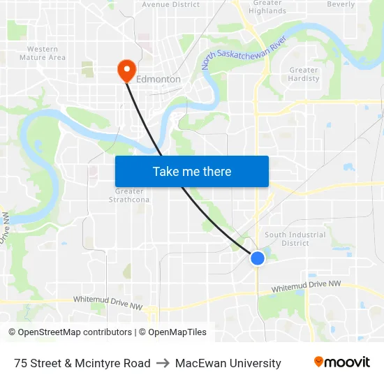 75 Street & Mcintyre Road to MacEwan University map