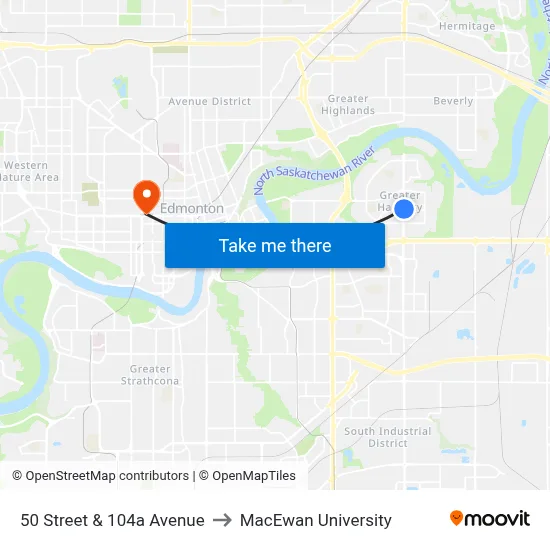 50 Street & 104a Avenue to MacEwan University map