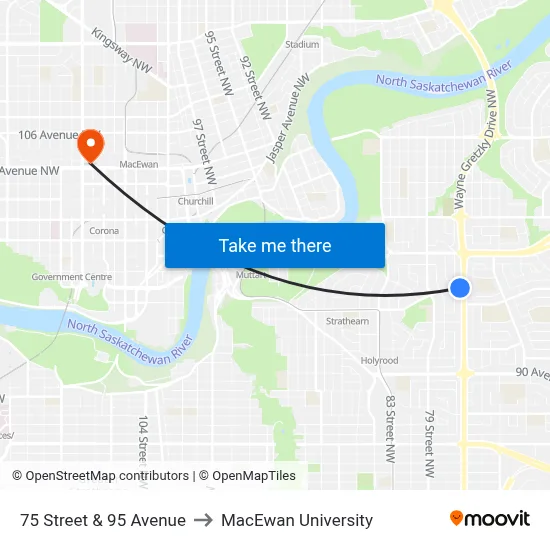 75 Street & 95 Avenue to MacEwan University map