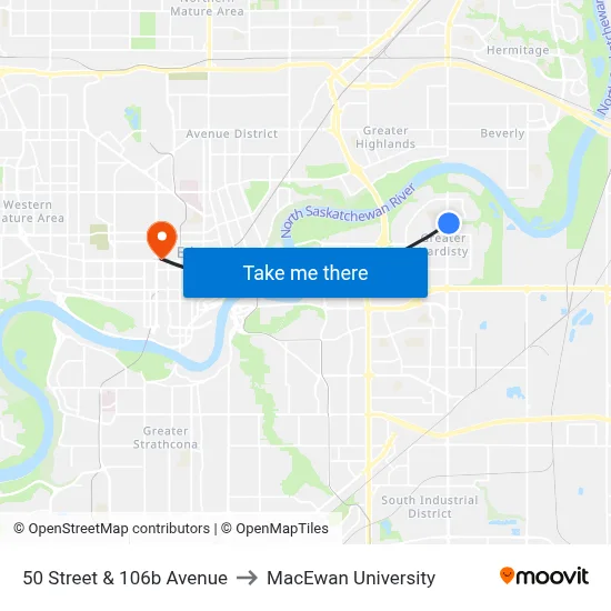 50 Street & 106b Avenue to MacEwan University map