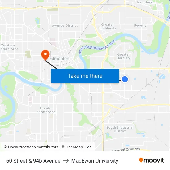 50 Street & 94b Avenue to MacEwan University map