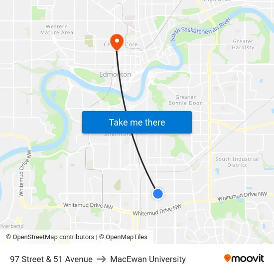 97 Street & 51 Avenue to MacEwan University map