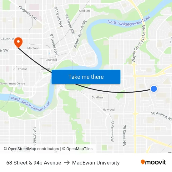 68 Street & 94b Avenue to MacEwan University map