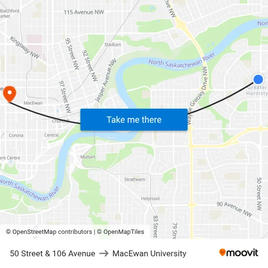 50 Street & 106 Avenue to MacEwan University map