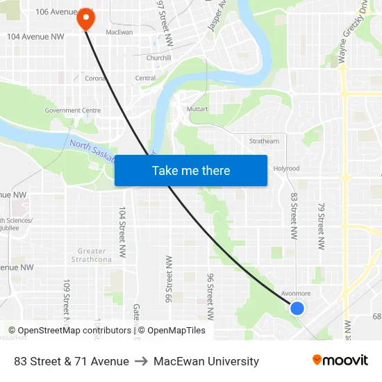 83 Street & 71 Avenue to MacEwan University map