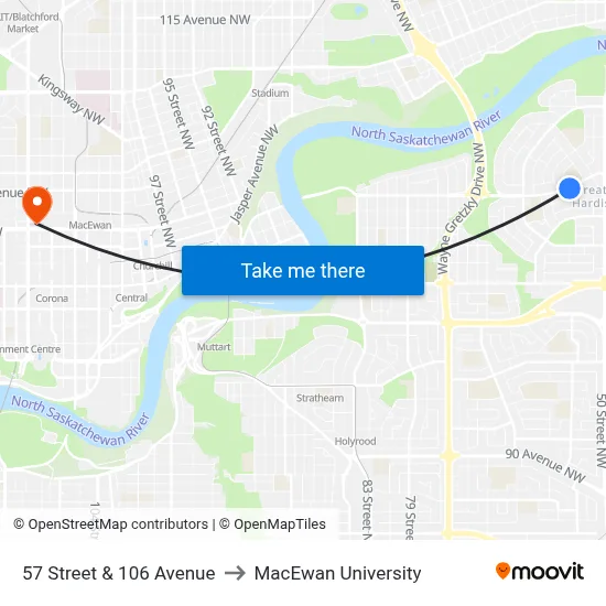 57 Street & 106 Avenue to MacEwan University map