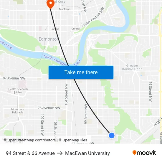 94 Street & 66 Avenue to MacEwan University map