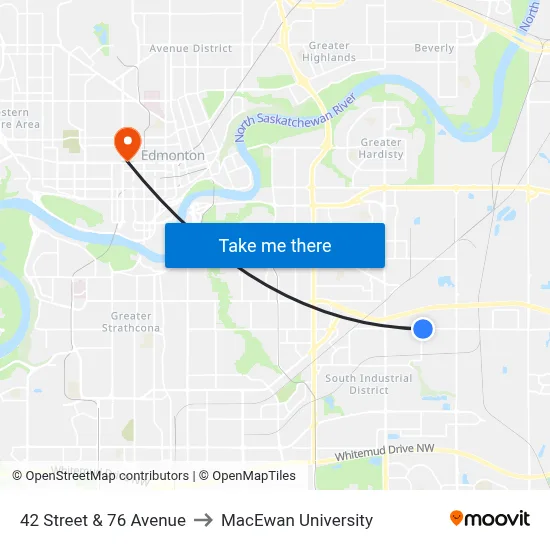 42 Street & 76 Avenue to MacEwan University map