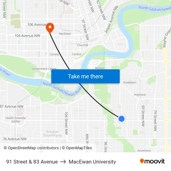 91 Street & 83 Avenue to MacEwan University map