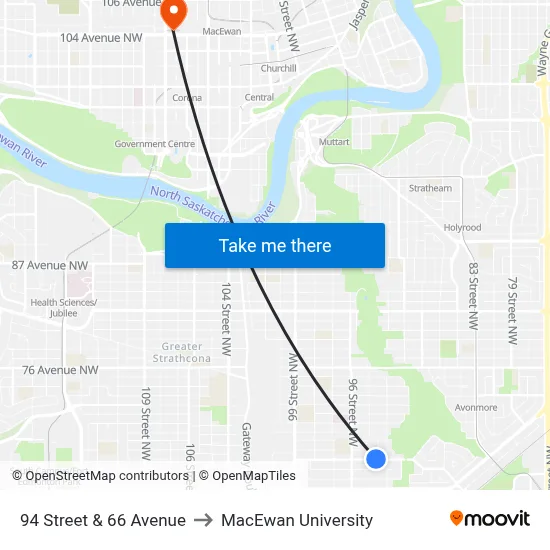 94 Street & 66 Avenue to MacEwan University map