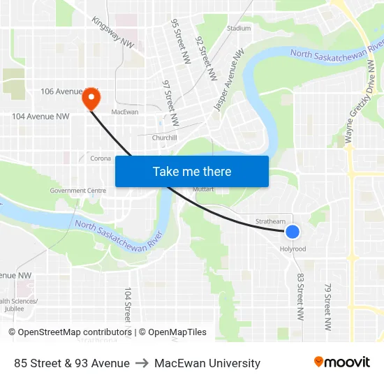 85 Street & 93 Avenue to MacEwan University map