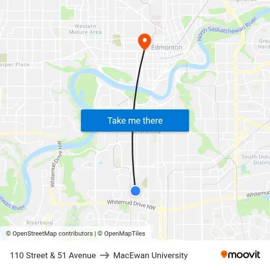110 Street & 51 Avenue to MacEwan University map