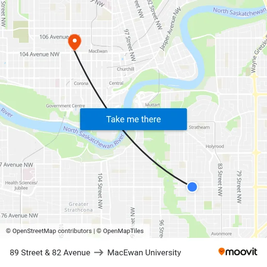 89 Street & 82 Avenue to MacEwan University map