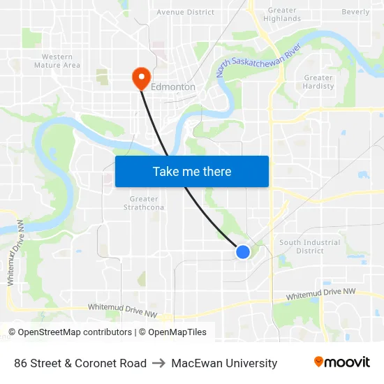 86 Street & Coronet Road to MacEwan University map