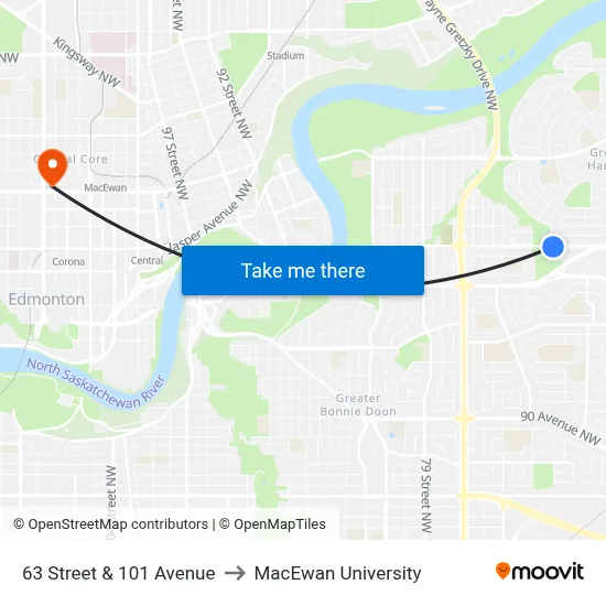63 Street & 101 Avenue to MacEwan University map