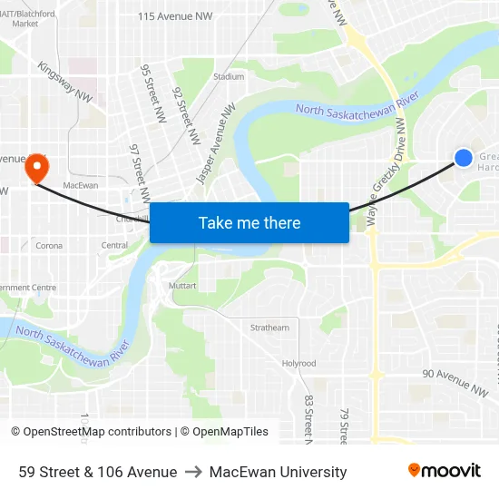 59 Street & 106 Avenue to MacEwan University map