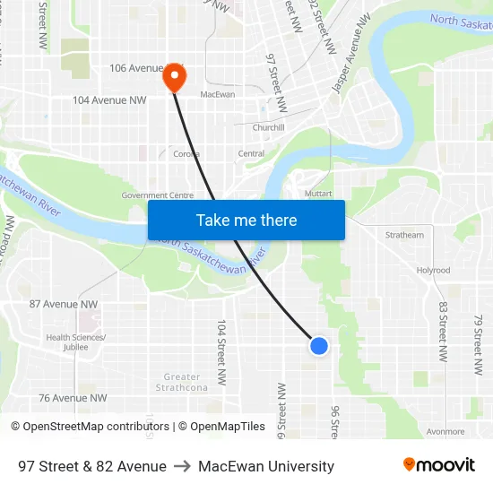 97 Street & 82 Avenue to MacEwan University map