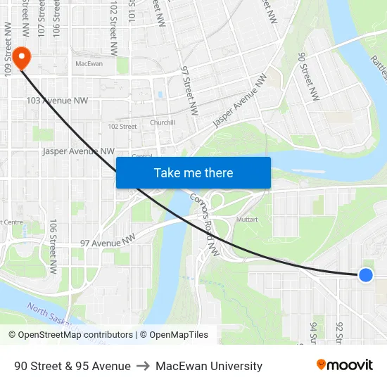 90 Street & 95 Avenue to MacEwan University map