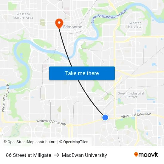86 Street at Millgate to MacEwan University map