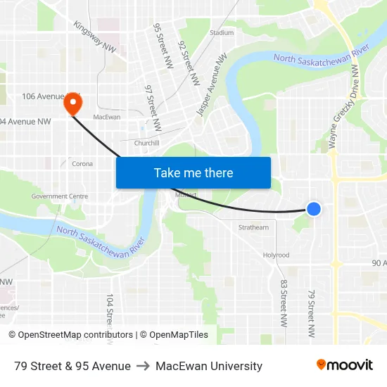 79 Street & 95 Avenue to MacEwan University map