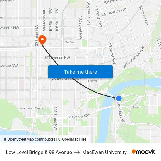 Low Level Bridge & 98 Avenue to MacEwan University map