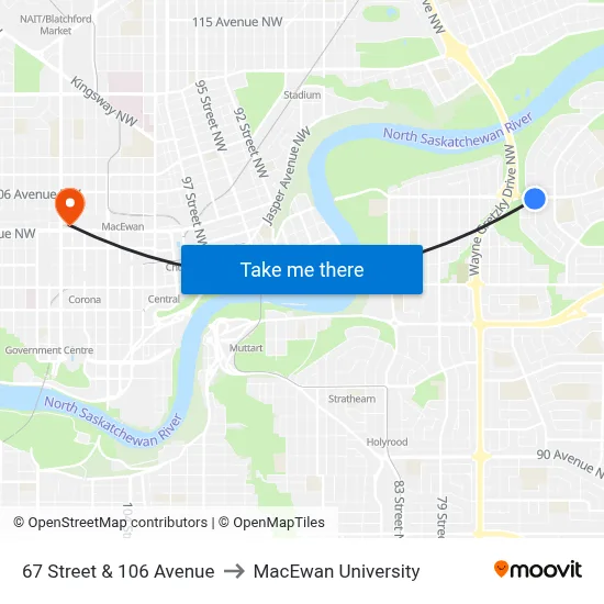 67 Street & 106 Avenue to MacEwan University map