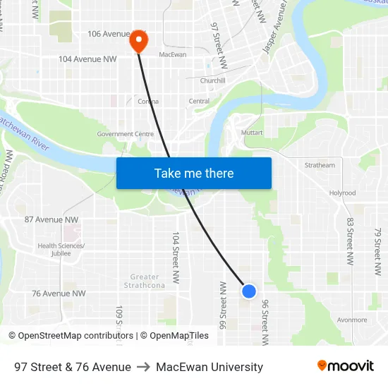 97 Street & 76 Avenue to MacEwan University map