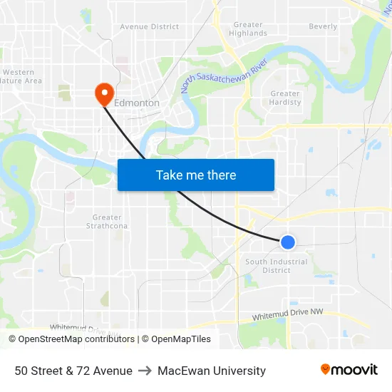 50 Street & 72 Avenue to MacEwan University map