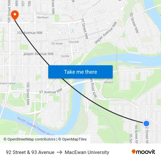 92 Street & 93 Avenue to MacEwan University map