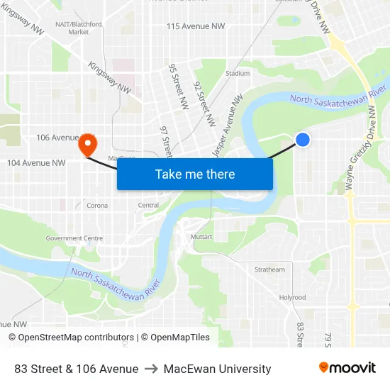 83 Street & 106 Avenue to MacEwan University map