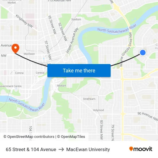 65 Street & 104 Avenue to MacEwan University map