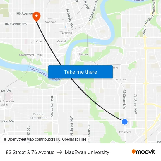 83 Street & 76 Avenue to MacEwan University map