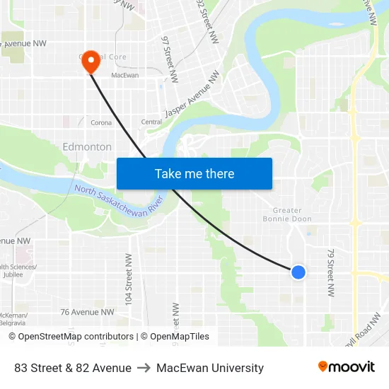 83 Street & 82 Avenue to MacEwan University map
