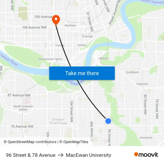 96 Street & 78 Avenue to MacEwan University map