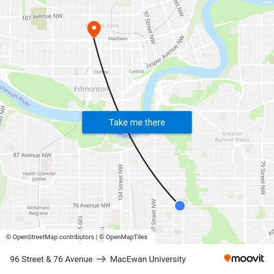 96 Street & 76 Avenue to MacEwan University map