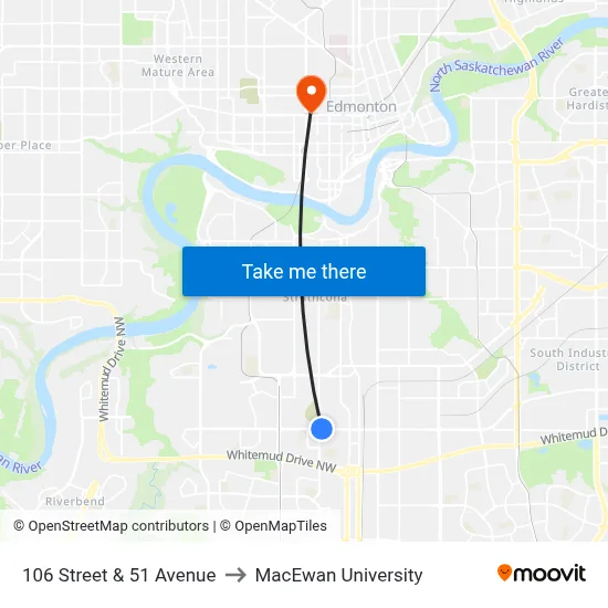 106 Street & 51 Avenue to MacEwan University map