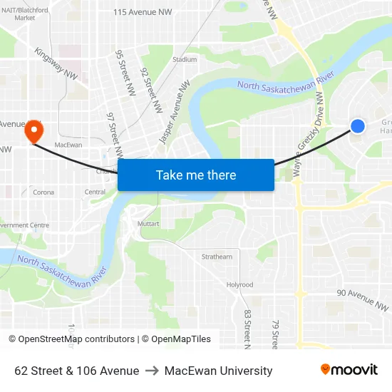 62 Street & 106 Avenue to MacEwan University map