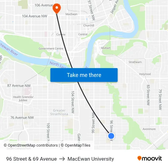 96 Street & 69 Avenue to MacEwan University map