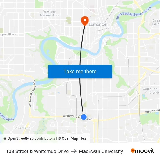108 Street & Whitemud Drive to MacEwan University map