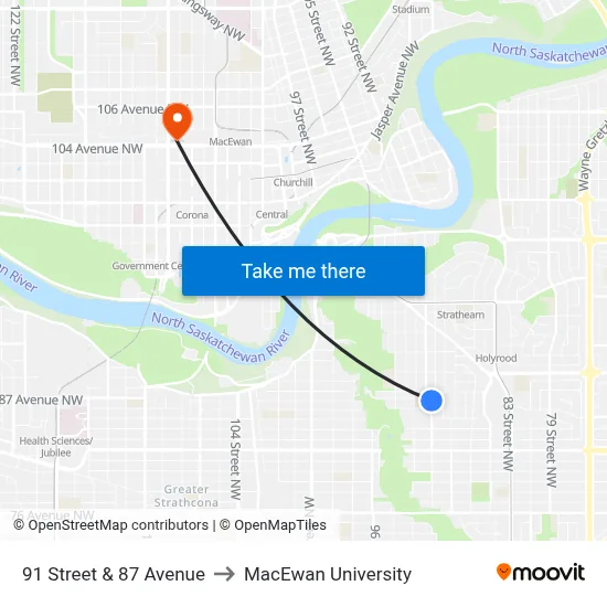 91 Street & 87 Avenue to MacEwan University map