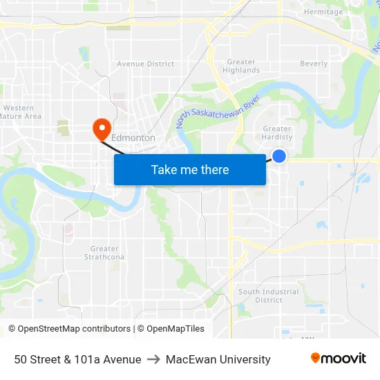 50 Street & 101a Avenue to MacEwan University map