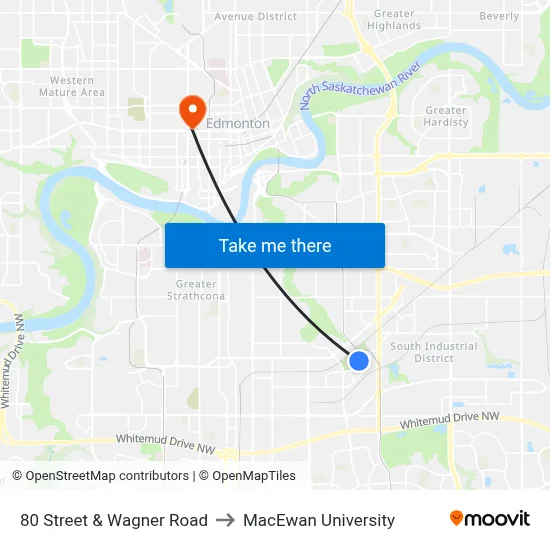 80 Street & Wagner Road to MacEwan University map