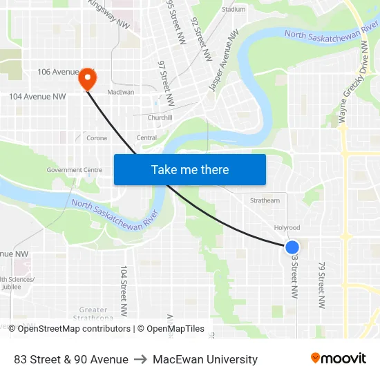 83 Street & 90 Avenue to MacEwan University map