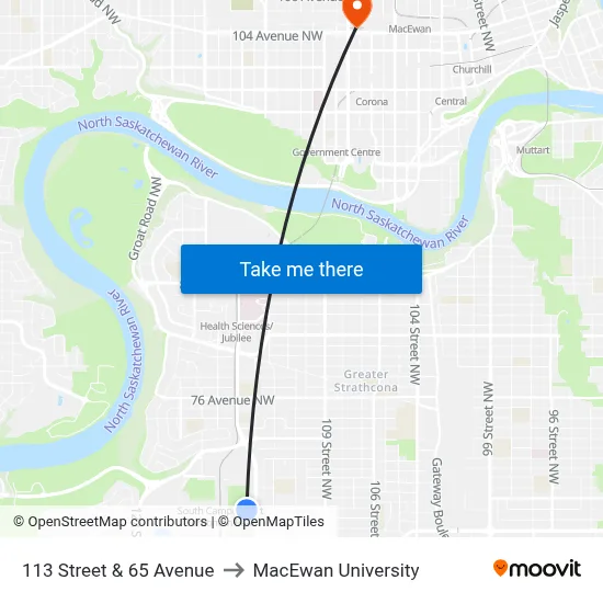 113 Street & 65 Avenue to MacEwan University map