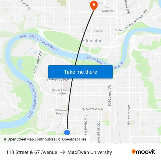 113 Street & 67 Avenue to MacEwan University map