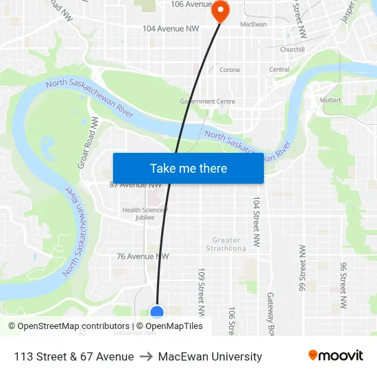 113 Street & 67 Avenue to MacEwan University map