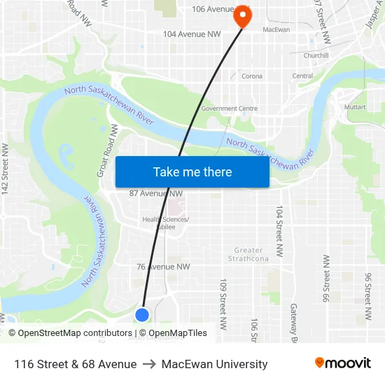 116 Street & 68 Avenue to MacEwan University map